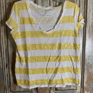 New York & Co Shirt Womens L Short Sleeve Sequin Pullover Striped Yellow & White